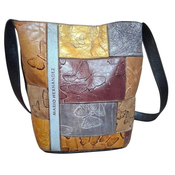 Mario Hernandez Butterfly Embossed Leather Patchwork Bucket Bag - Picture 1 of 8